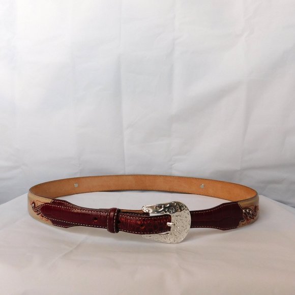 Justin Womens Leather Belt Size 36 Tan Red Applique  Silvertone Buckle Tan - Picture 6 of 6